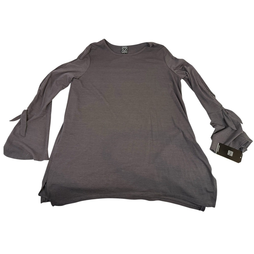 Clara SunWoo Gray Purple Knit Tunic Top L Ruched Sleeve Stretch NWT Travel